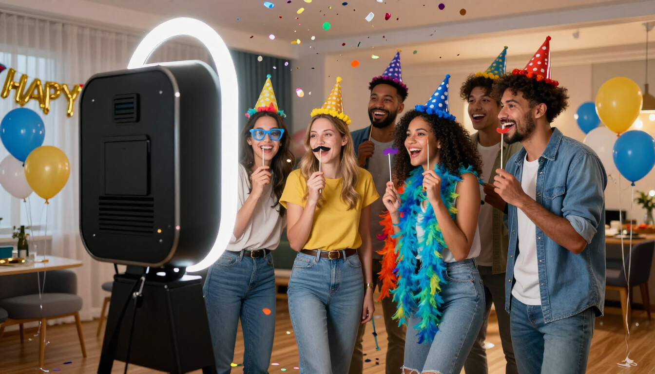 Groupe d'amis s'amusant avec une borne selfie lors d'une fête d'anniversaire