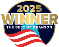 2025 Best of Branson Winner badge with gold text on blue and a red and white flag element.