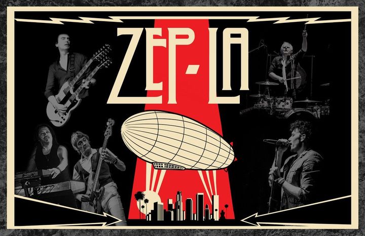 Band poster for ZEP-LA. Musicians perform, centered over a zeppelin and city skyline, set against red and black.