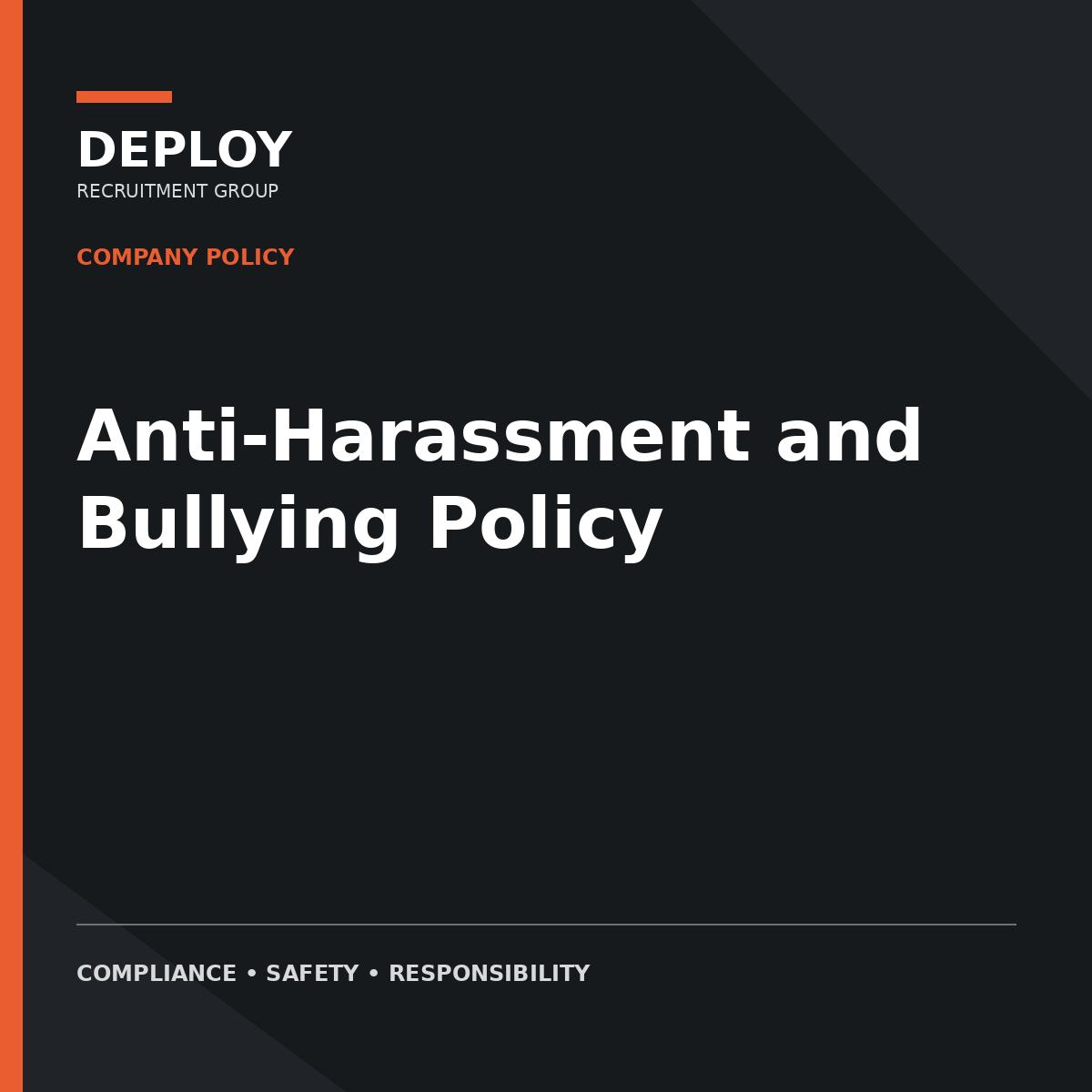 Cover of a company policy document titled “Anti-Harassment and Bullying Policy” in black and orange.