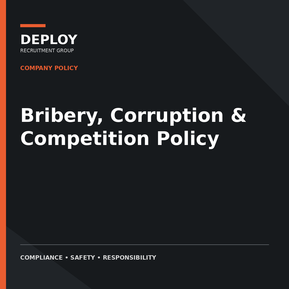 Cover of a policy document titled “Bribery, Corruption & Competition Policy” on a dark background.