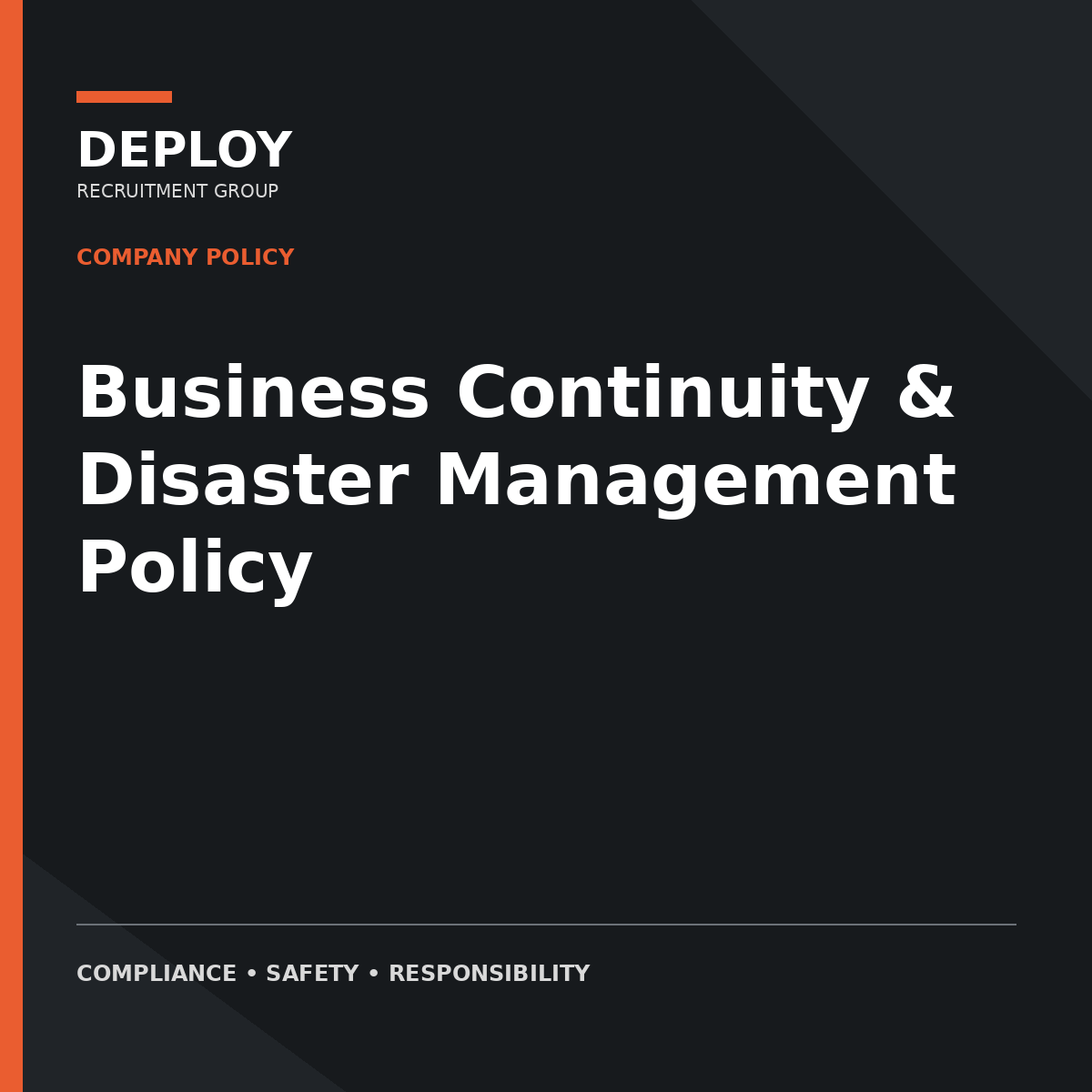 Dark cover titled “Business Continuity & Disaster Management Policy” with Deploy branding in orange and white.