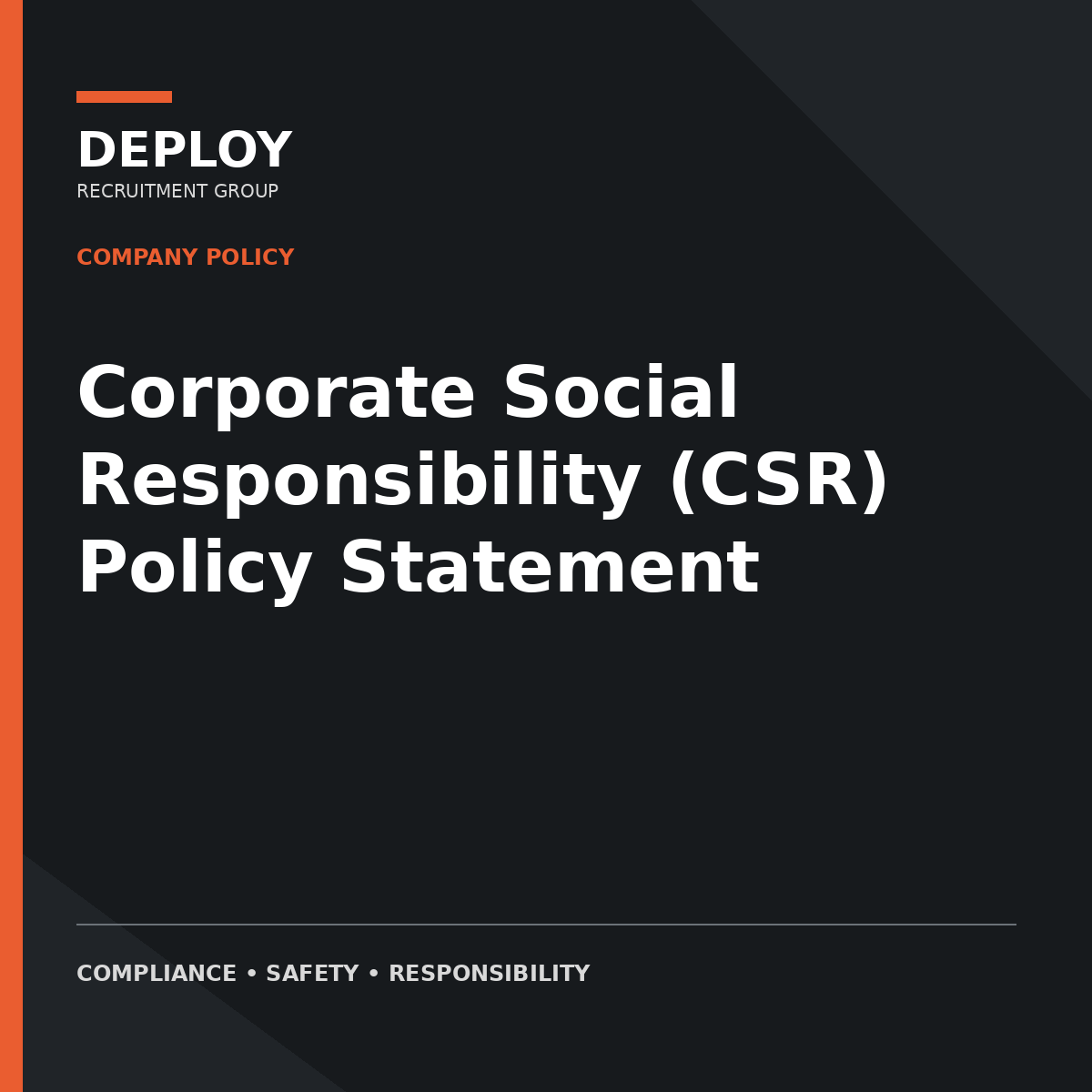 Corporate Social Responsibility (CSR) Policy Statement cover, black and orange design with DEPLOY logo