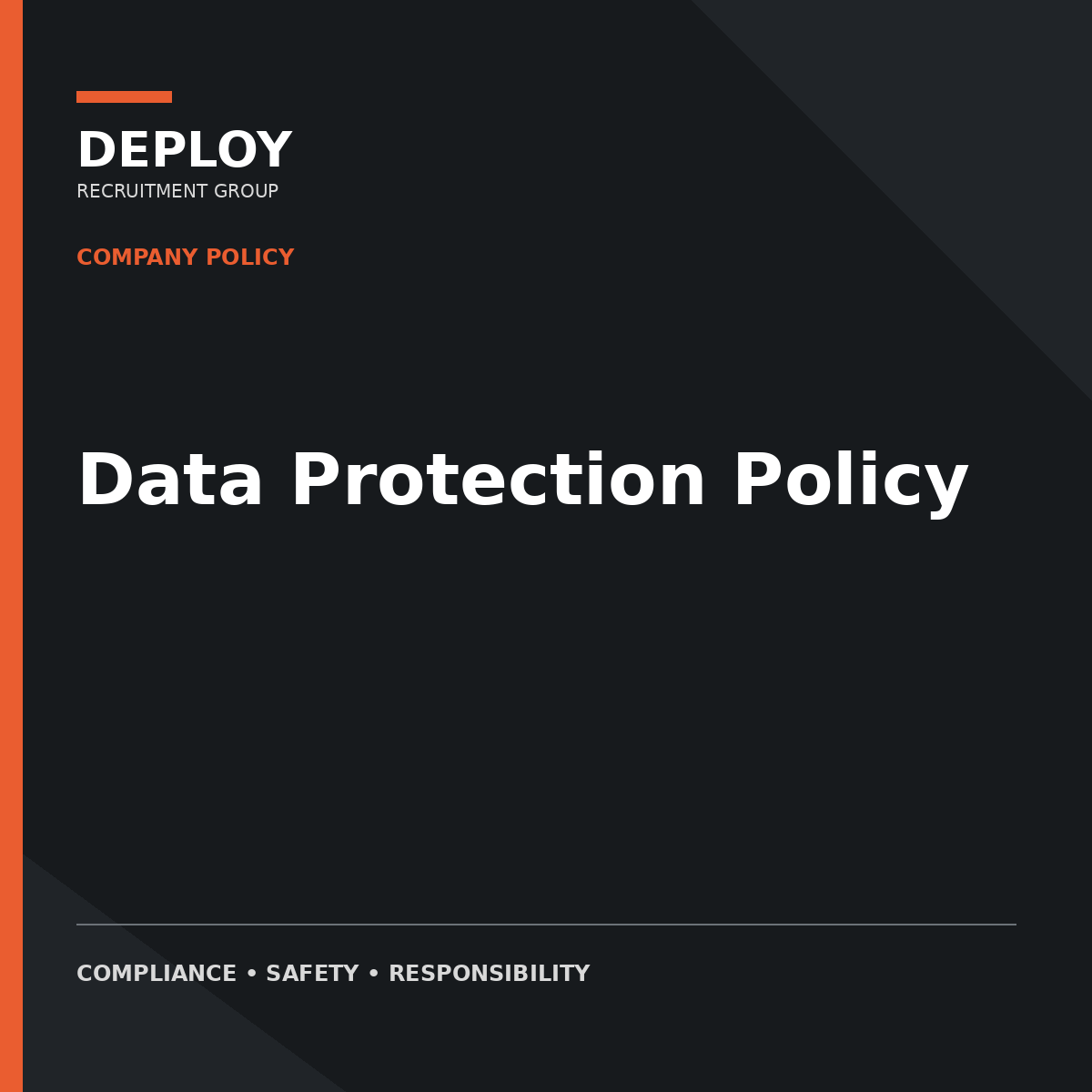 Dark cover page titled “Data Protection Policy” with Deploy branding on a black and orange background