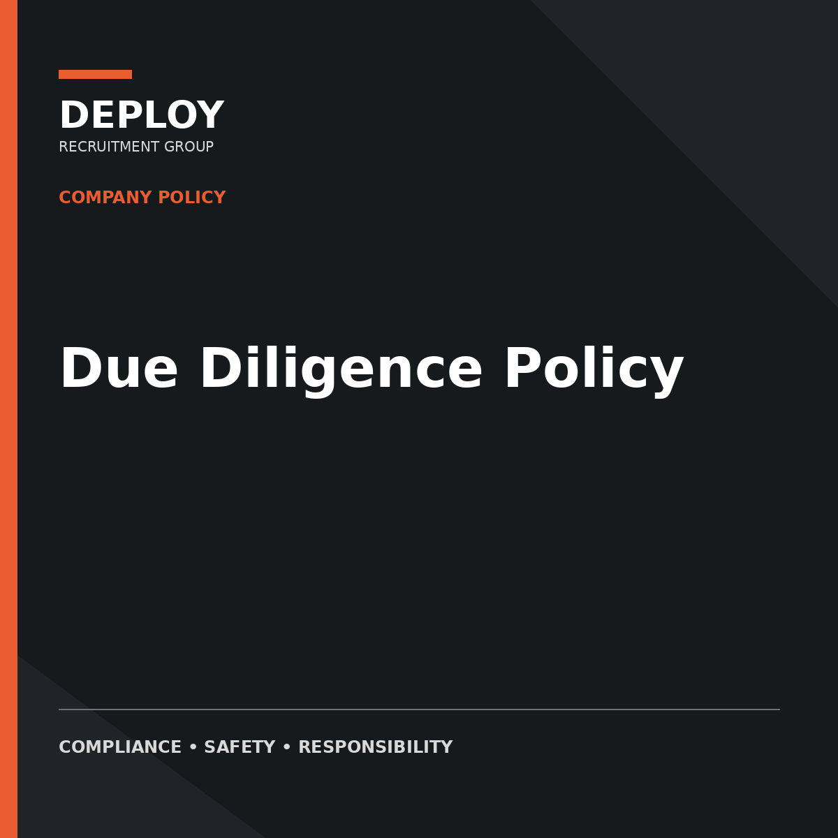 Cover page for Deploy company policy titled “Due Diligence Policy” on a dark background with orange accents