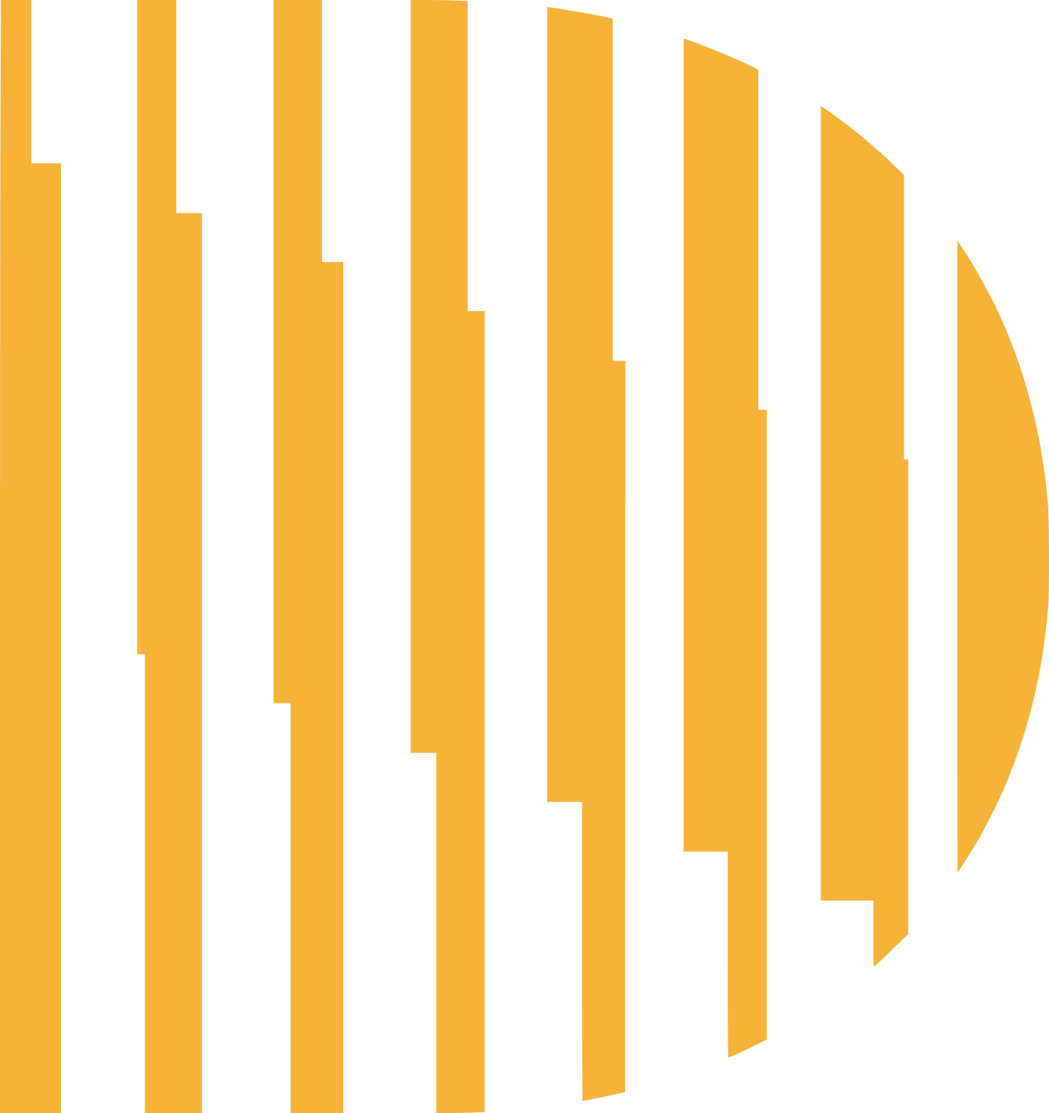 Orange and white striped graphic resembling a stylized, partial circle.
