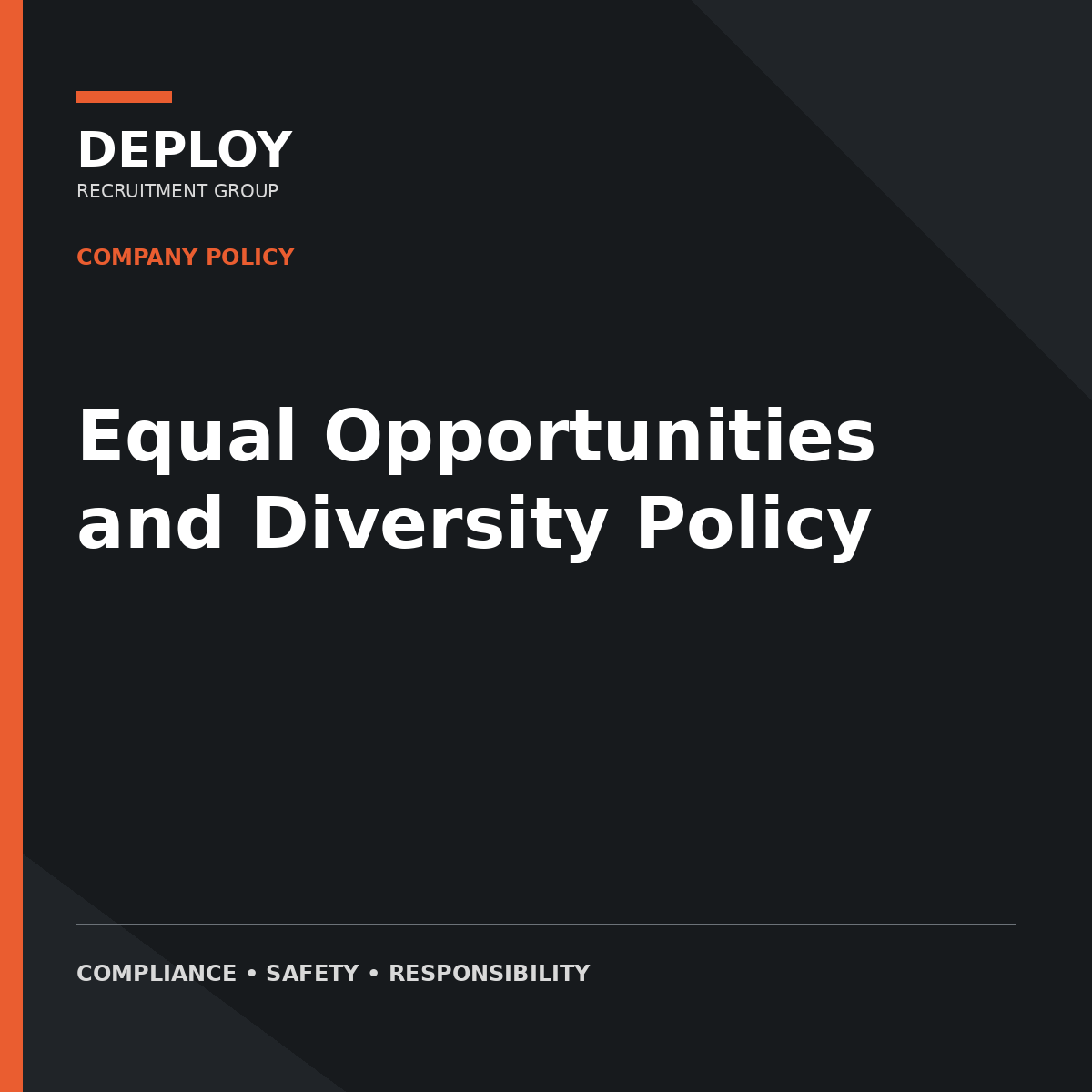 Cover of a “Equal Opportunities and Diversity Policy” document, dark background with orange accents.