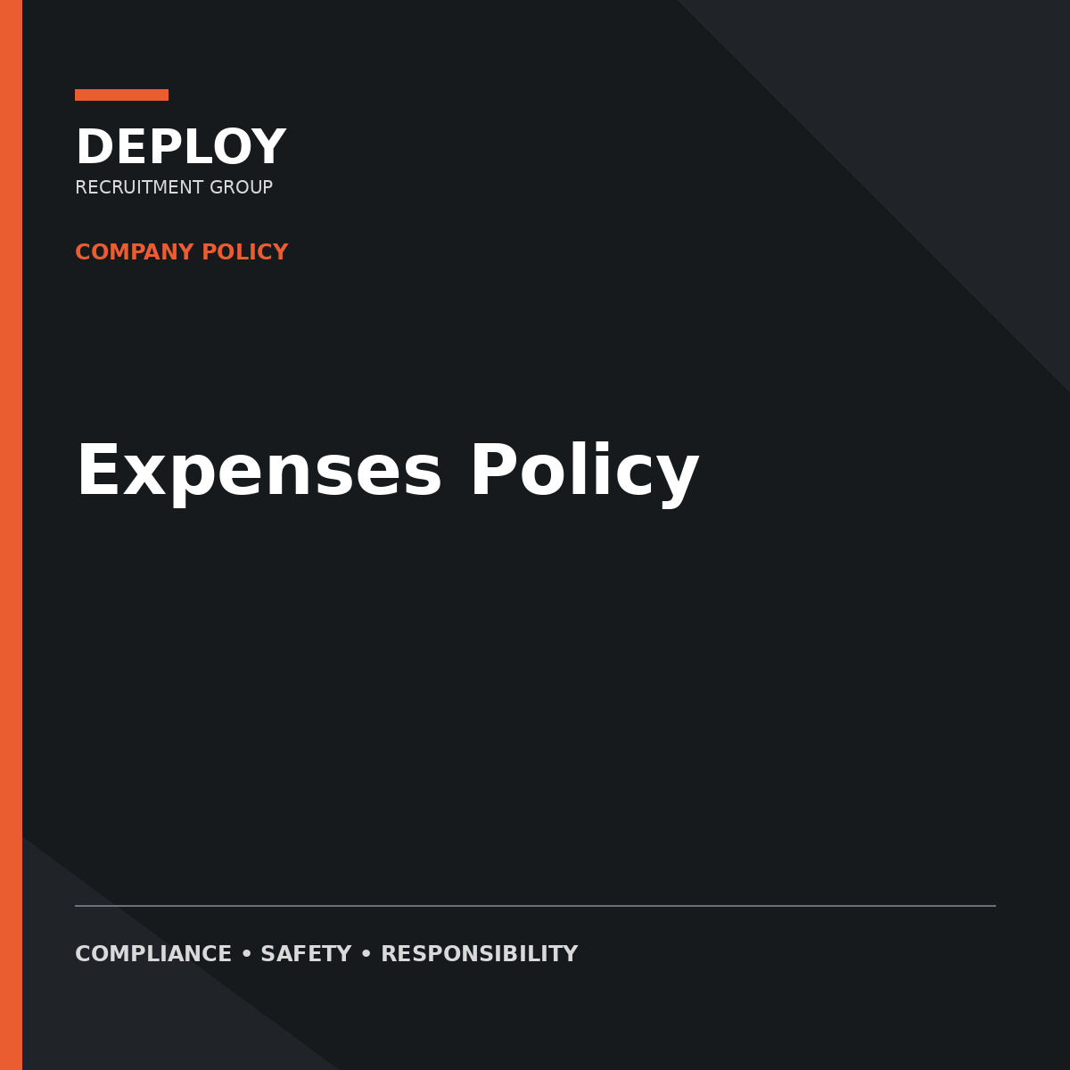 Dark cover page titled “Expenses Policy” with Deploy branding and orange accents
