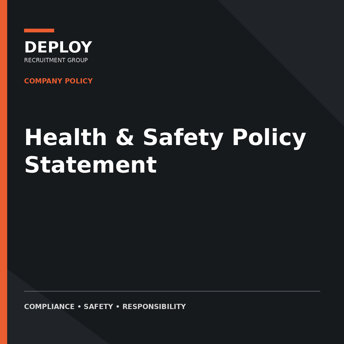Black cover for Deploy company policy titled “Health & Safety Policy Statement” with orange accents