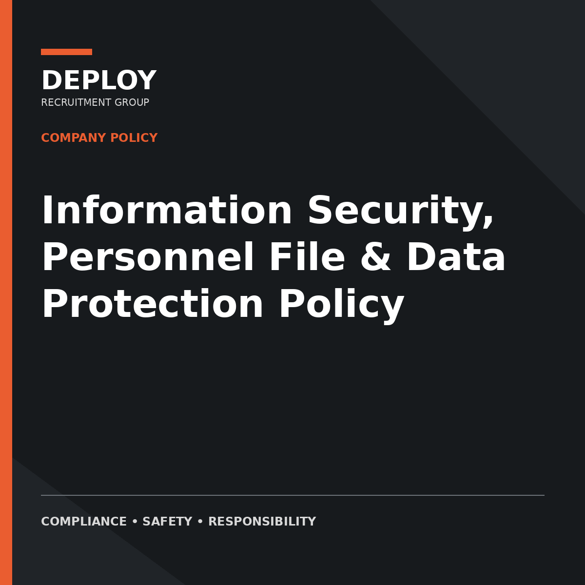 Dark cover for “Information Security, Personnel File & Data Protection Policy” in black and orange corporate branding