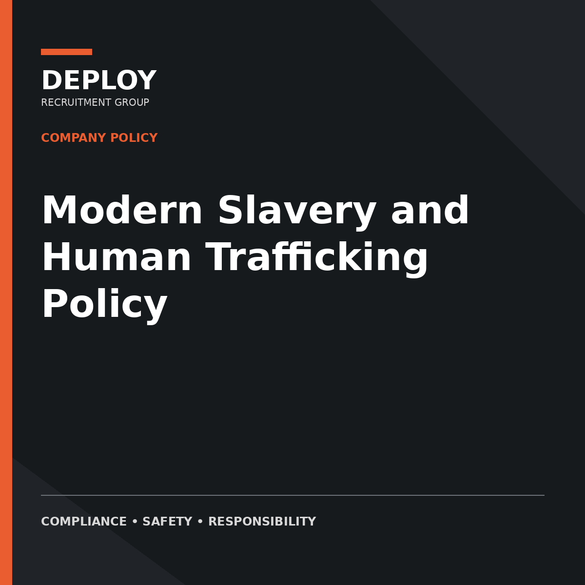 Cover for a company policy titled “Modern Slavery and Human Trafficking Policy” in black and orange.