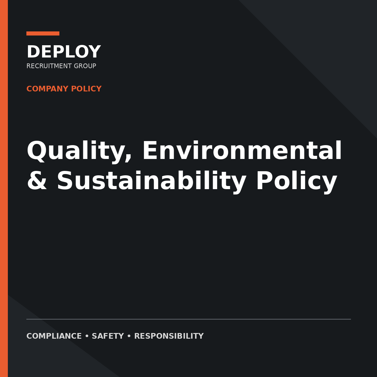 Cover of a company policy document titled “Quality, Environmental & Sustainability Policy” on a dark background.