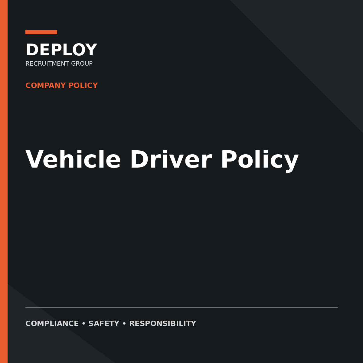 Dark cover page titled “Vehicle Driver Policy” with Deploy branding and orange accents.