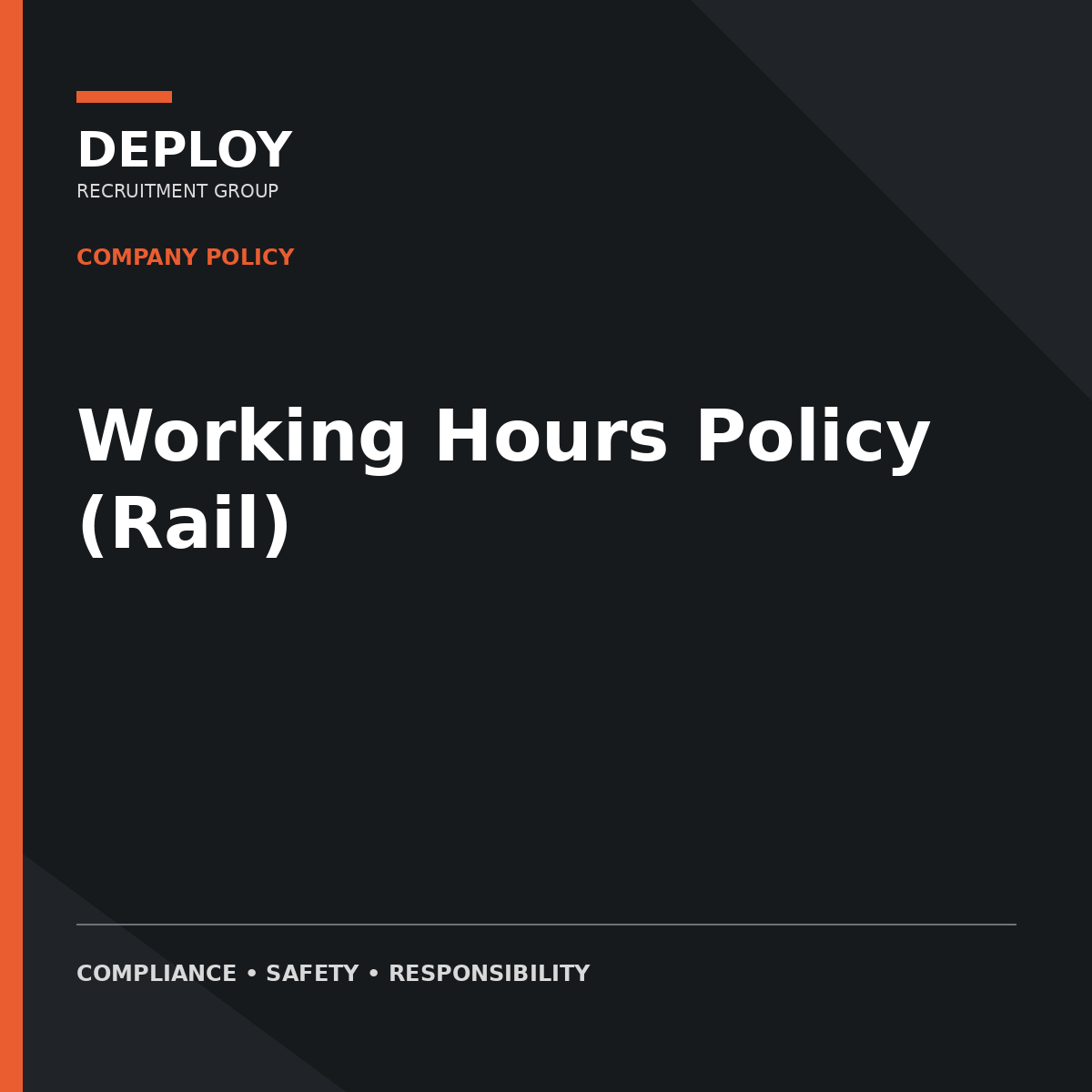 Dark gray cover titled “Working Hours Policy (Rail)” with Deploy company policy branding and orange accents