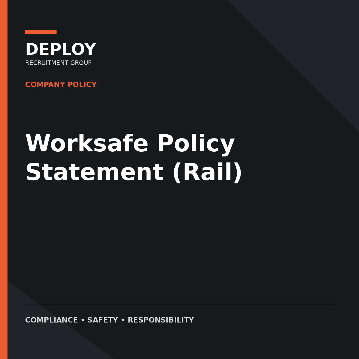 Dark cover of a company policy document titled “Worksafe Policy Statement (Rail)” with orange accents.