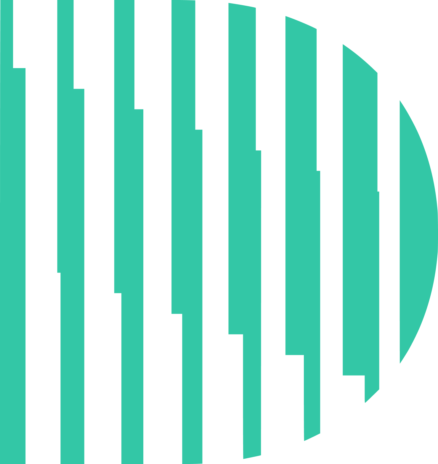 Teal striped semi-circle logo with fragmented vertical lines.