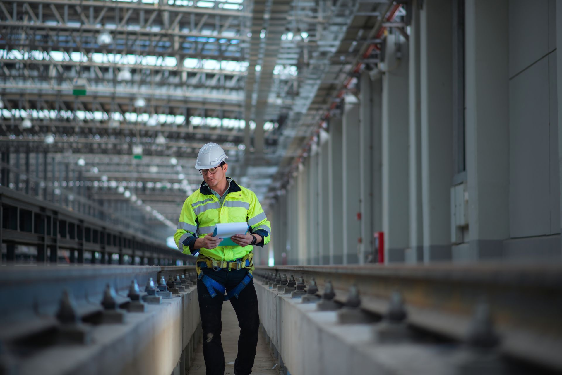 Construction worker in safety vest and hard hat reviewing blueprints in a large indoor railway station.