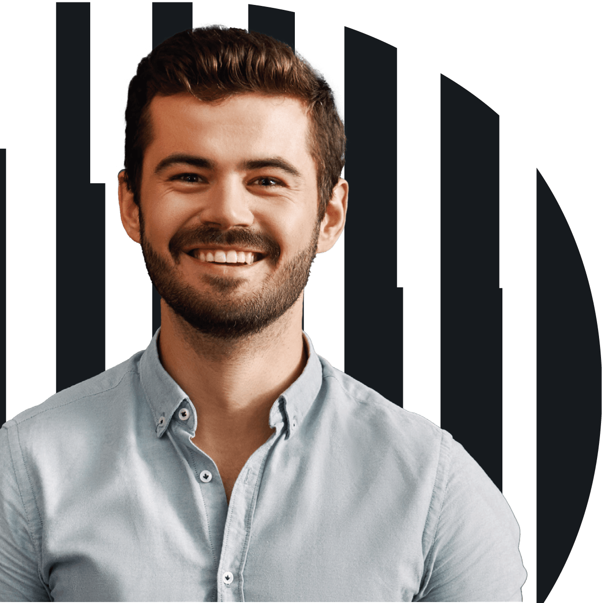 Man smiling, light blue shirt, against black and white striped background.