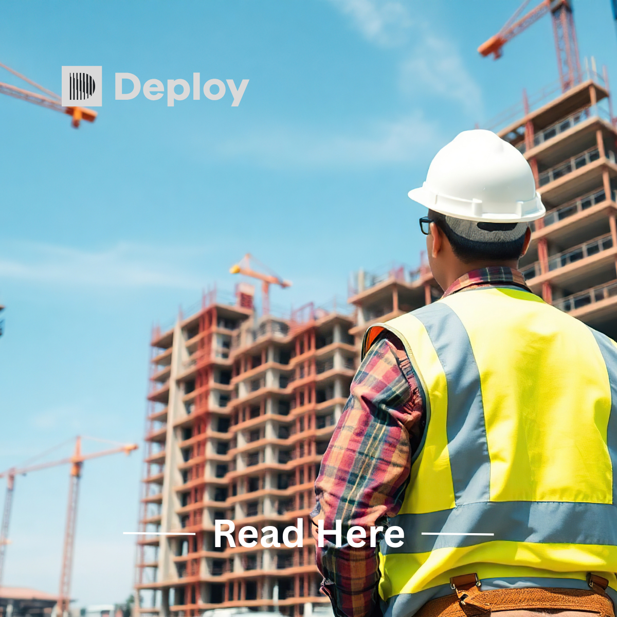 Construction worker in safety gear looking at a building under construction, cranes in background.