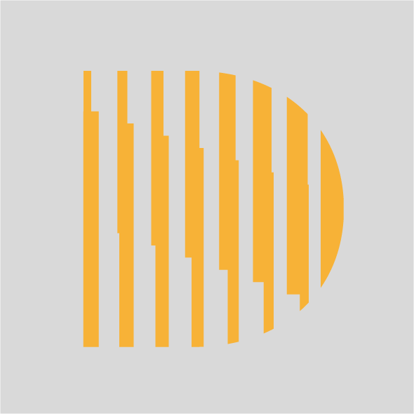 Yellow letter D made of vertical rectangles on a gray background.