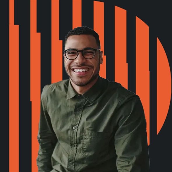 Smiling person wearing glasses and a green shirt, against a black background with orange vertical lines and a partial circle.