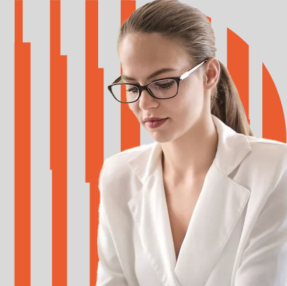 Woman in white blazer wearing glasses, looking down, orange and white background.