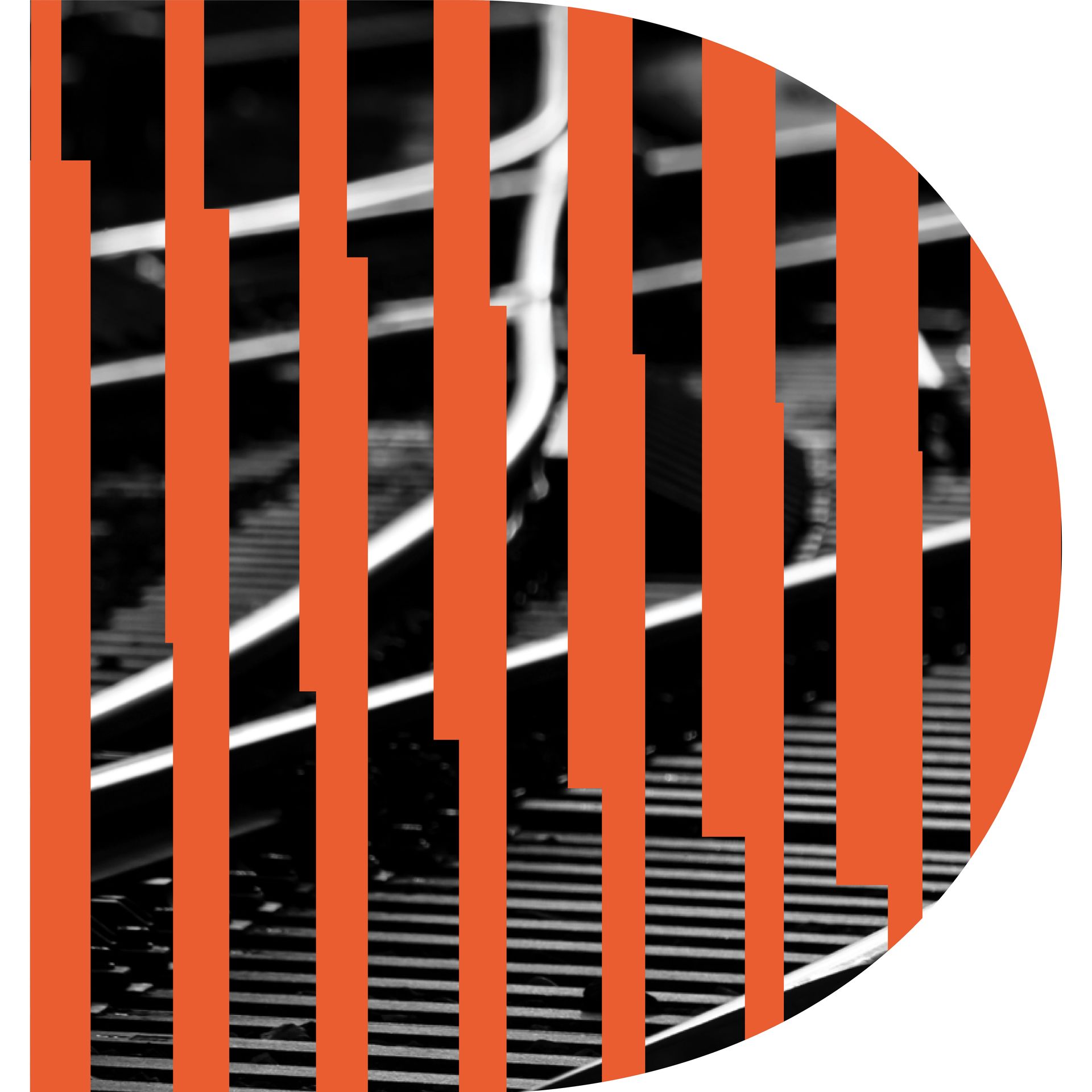Orange vertical lines partially obscure a black and white image, forming the shape of the letter D.