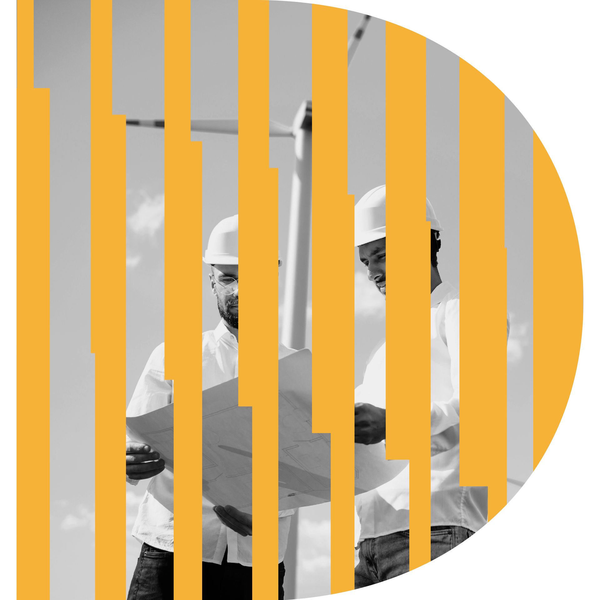 Two engineers in hard hats examining a blueprint in front of a wind turbine, behind yellow vertical stripes.