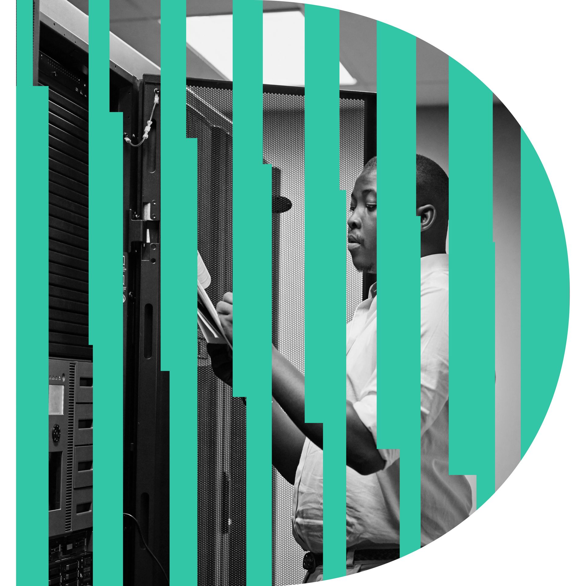 Man working with server racks, partially obscured by green vertical lines.