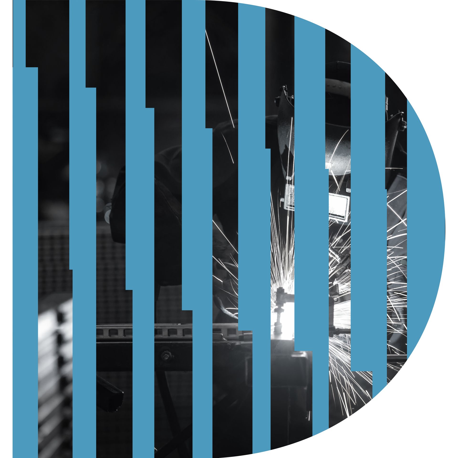 Welder at work, blue and black geometric graphic. Sparks fly, industrial setting.