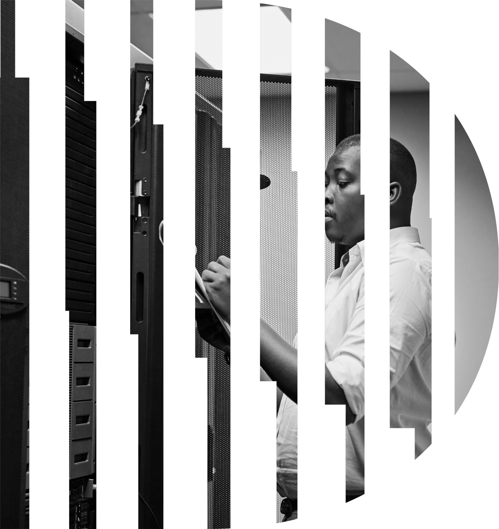 Man working on server racks. Black and white photo.