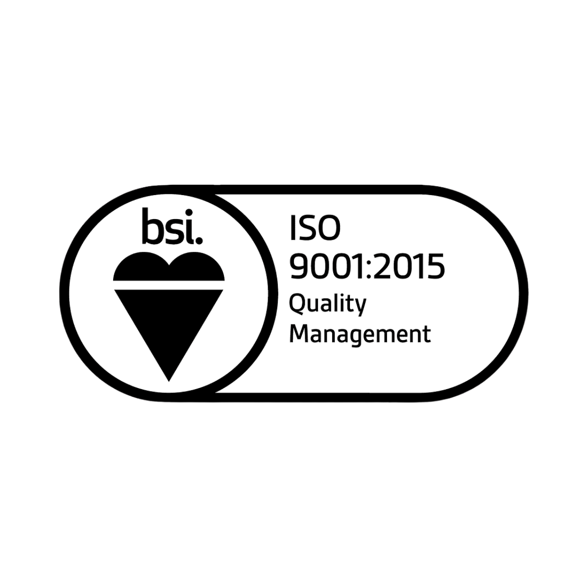 BSI ISO 9001:2015 Quality Management logo in black and white with a heart symbol
