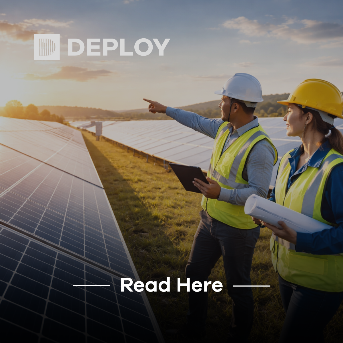 Two engineers in safety vests and hard hats examining solar panels.