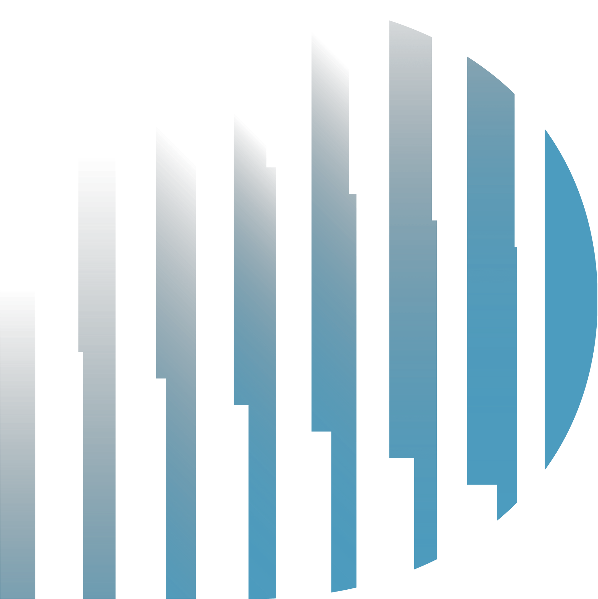Abstract logo with stacked, vertical bars in shades of blue and white, forming a partial circle.