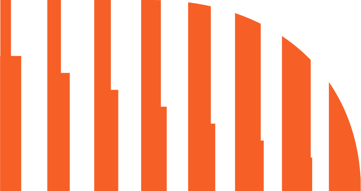 Orange and white striped graphic resembling a quarter circle.