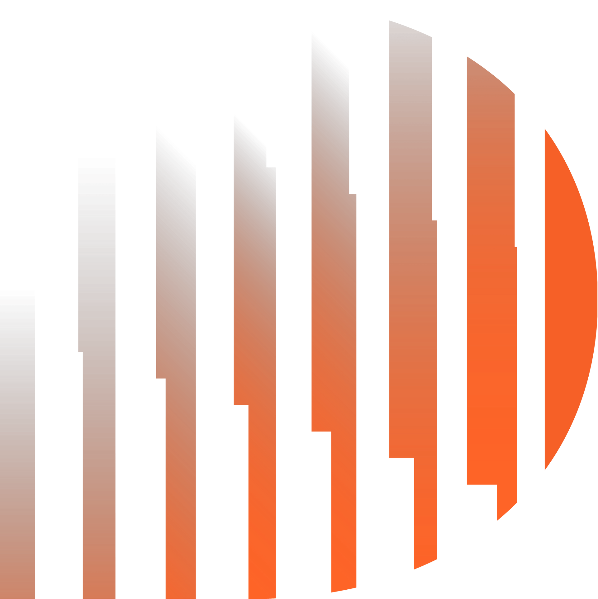 Orange and white abstract logo with vertical bars and a partial circle.