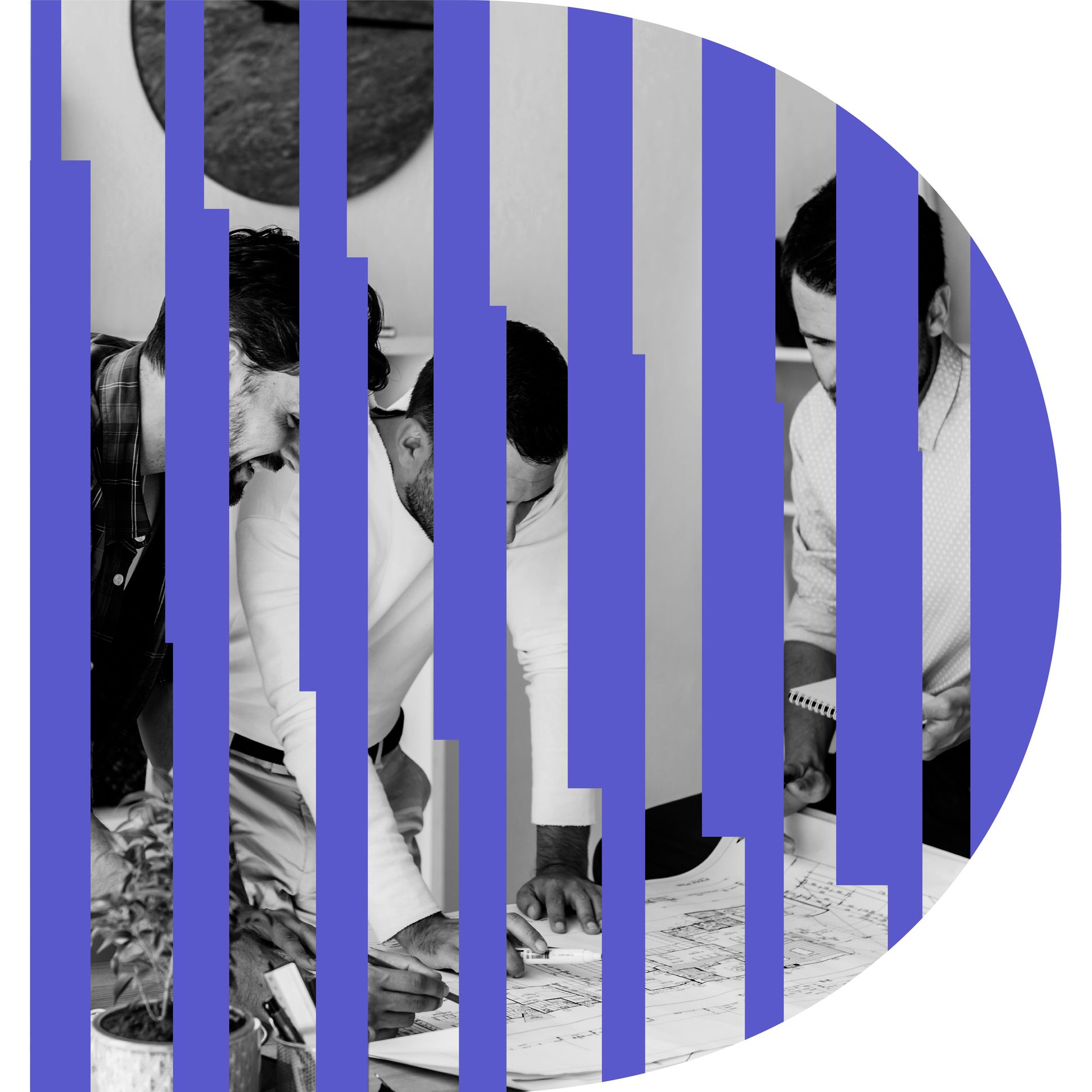 Team members collaborating on a project, behind blue vertical bars.