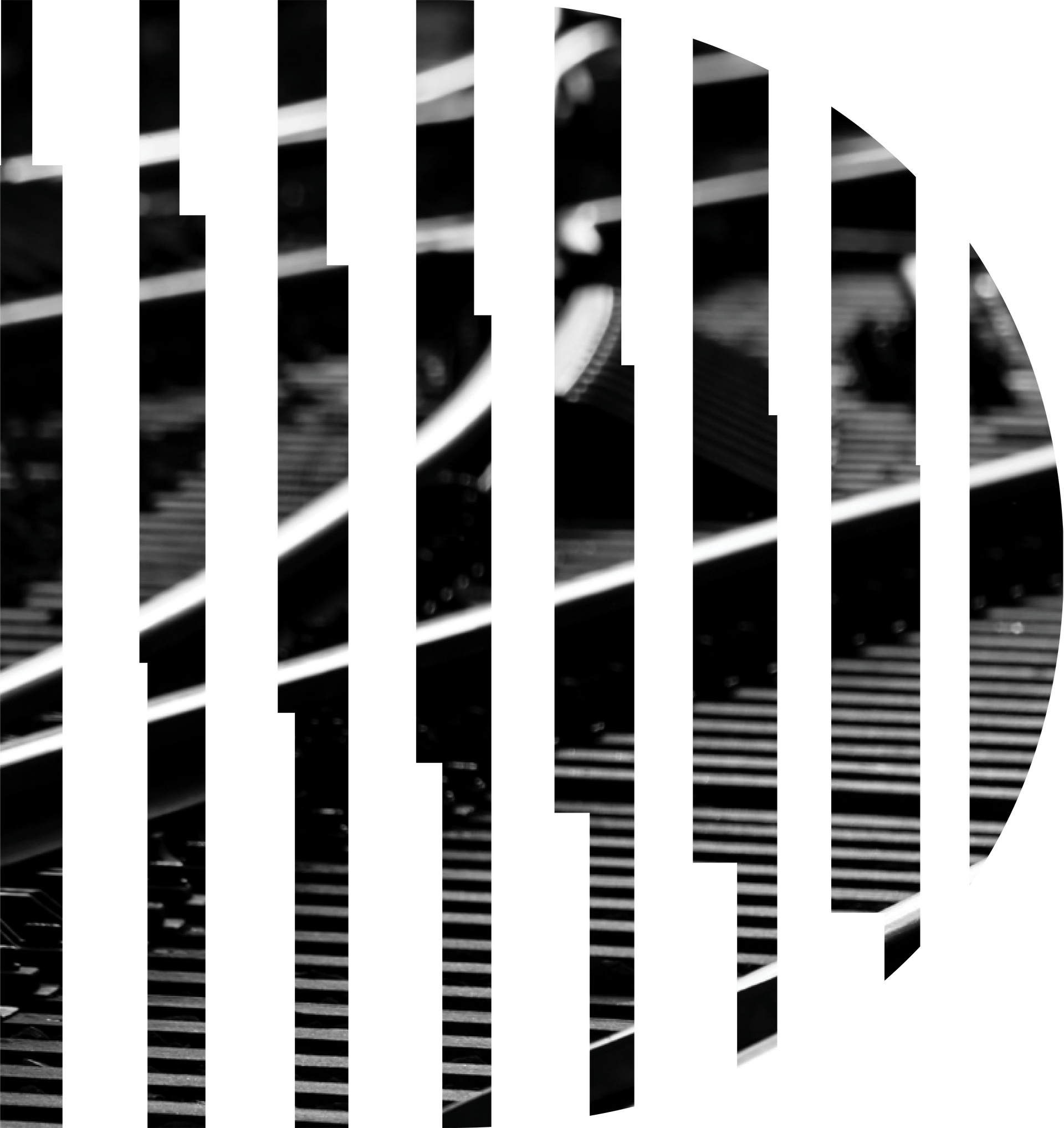 Abstract, vertically sliced, grayscale image of an electronic circuit board, showing various components and pathways.
