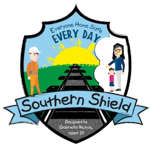 Logo: Shield with train tracks, worker, family, sun, and text "Southern Shield." Blue and green colors.