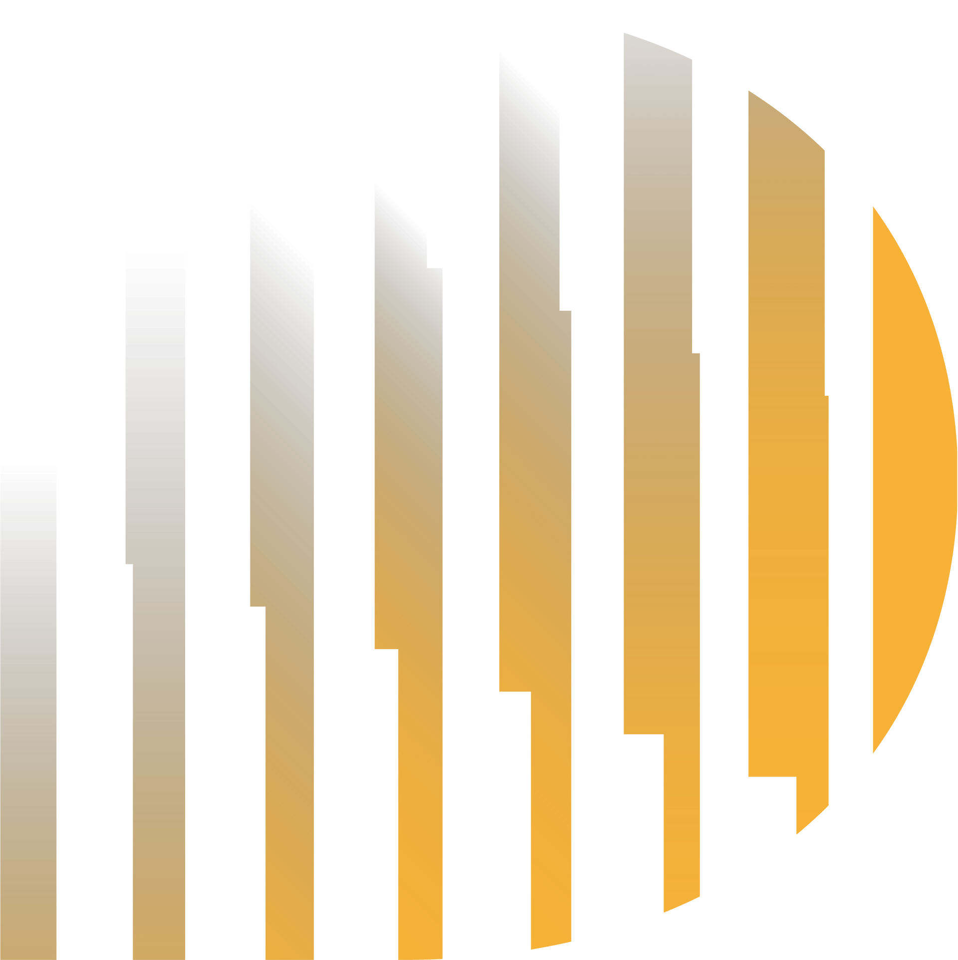 Abstract logo: white and gold vertical bars fade into an orange half-circle.