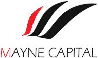 Logo for Mayne Capital: red and black abstract swooshes above the text 