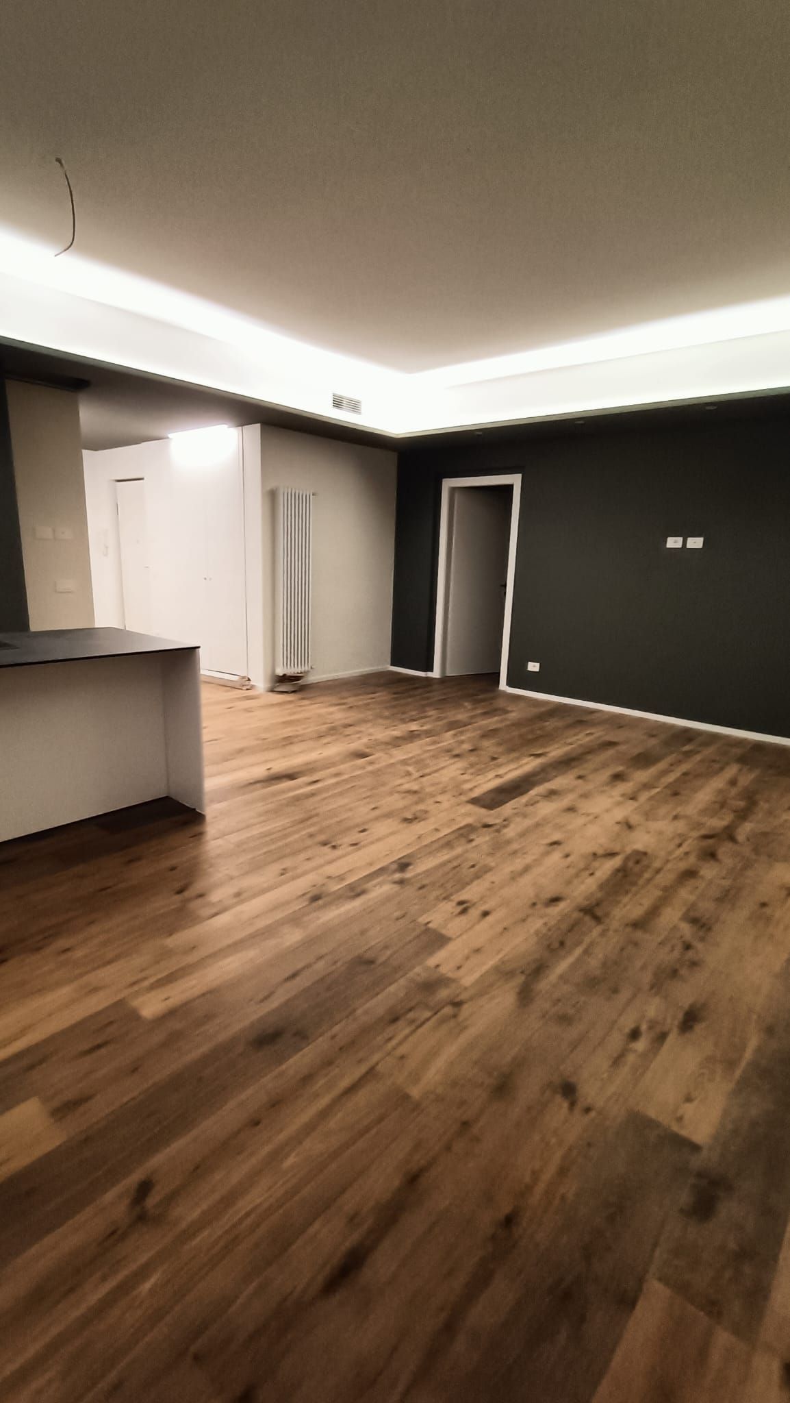 Stanza moderna vuota con pavimento in legno, parete d'accento scura e faretti a incasso sul soffitto.