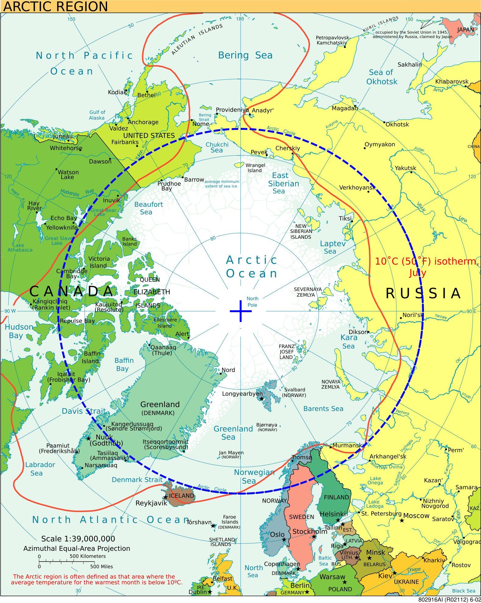 Eine Karte des Arktischen Ozeans mit einem Kreis um Kanada und Russland