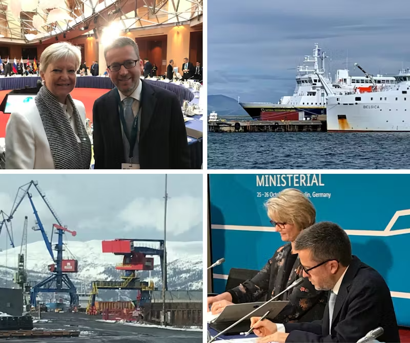 Eine Collage aus Fotos zeigt einen Mann und eine Frau, die an einem Tisch vor einem Schild mit der Aufschrift „Ministerial