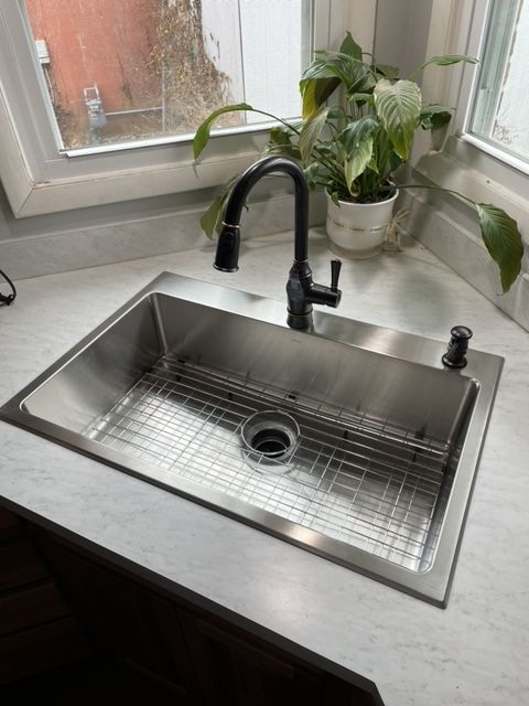 Stainless steel kitchen sink with black faucet and a plant on the windowsill.