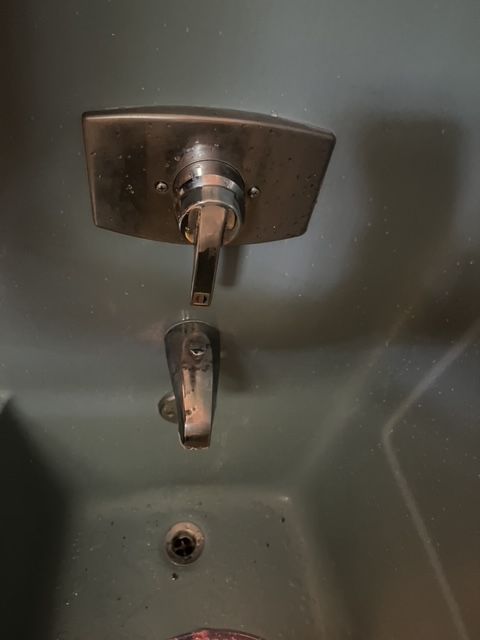 A tarnished metal shower head and faucet in a green shower stall.