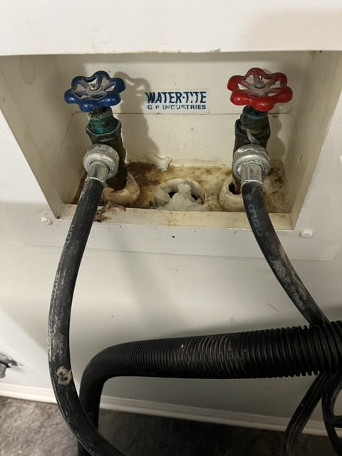 White laundry box with blue and red water valves, hoses, and stains.