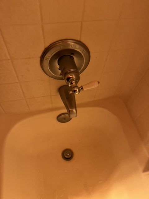 Showerhead and faucet in a bathtub. Metal fixtures with a white handle on an orange-tiled wall.