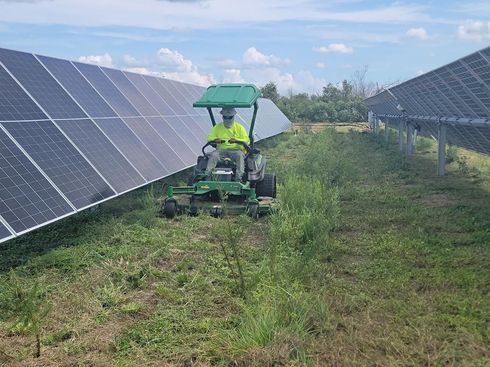 Solar farm with rows of panels and two workers near a fenced walkway at sunset