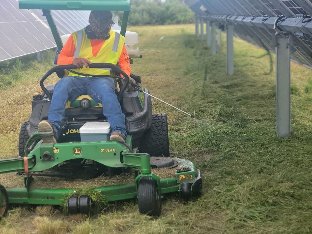 Worker in a yellow vest mowing grass beside solar panels on a riding mower